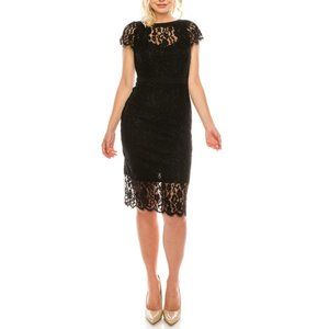 BEBE BLACK SHORT SLEEVE CREW NECKLINE FLORAL COTTON LACE COCKATIL DRESS